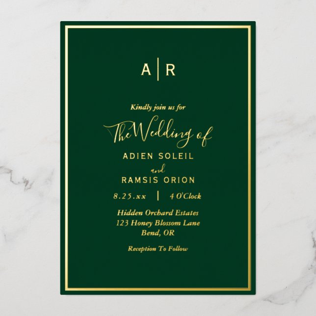 Elegant Modern Emerald Green Gold Monogram Wedding Foil Invitation (Front)