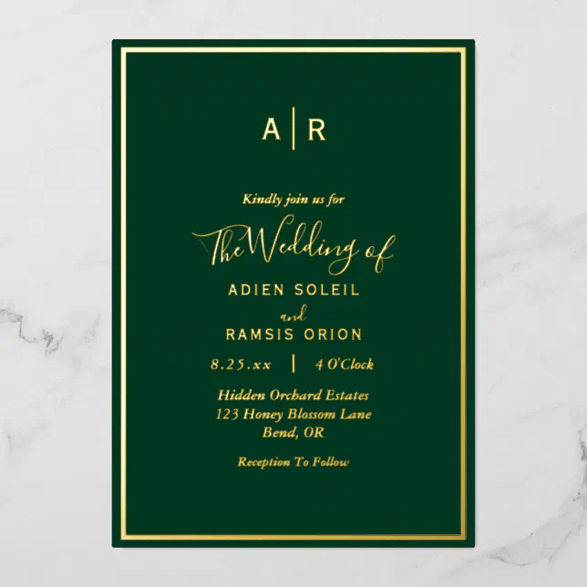Elegant Modern Emerald Green Gold Monogram Wedding Foil Invitation | Zazzle