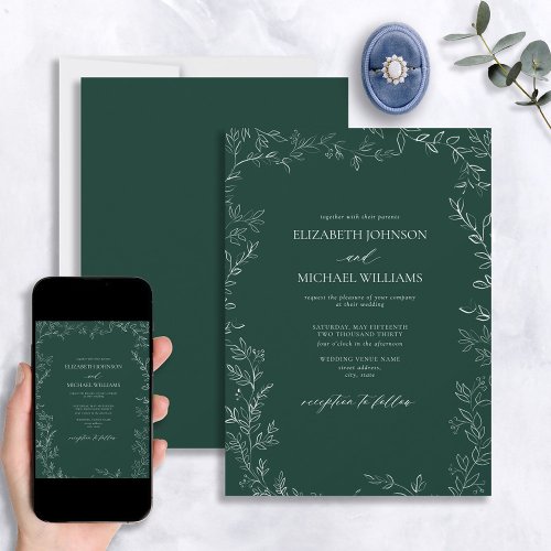 Elegant Modern Emerald Green Minimal Leaf Wedding Invitation