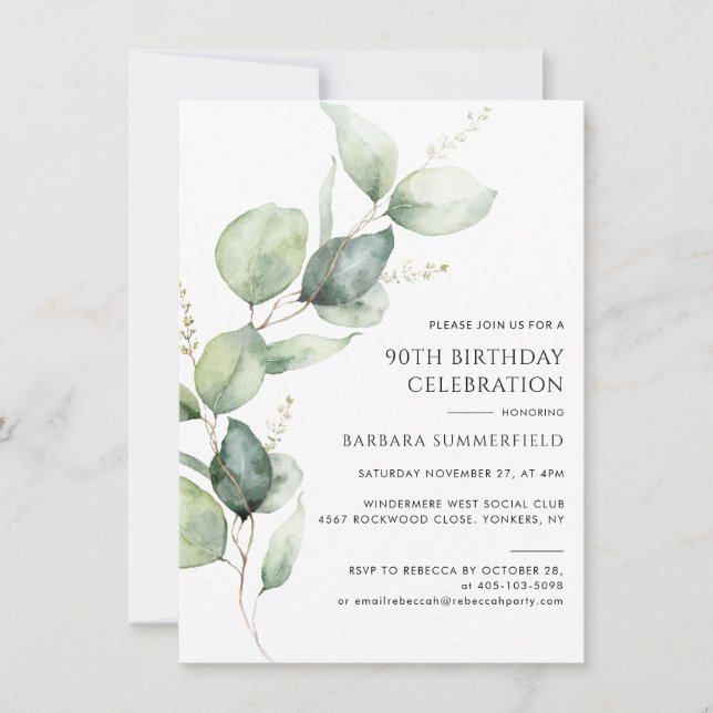 Elegant Modern Eucalyptus 90th Birthday Invitation (Front)