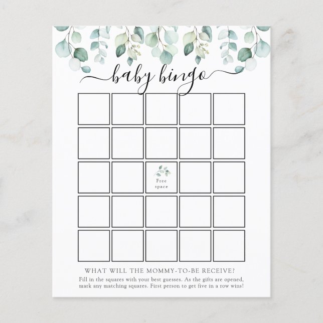 Elegant Modern Eucalyptus Baby Bingo Game Card (Front)