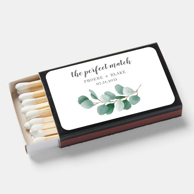 Elegant Modern Eucalyptus Botanical Wedding Favor Matchboxes (Front Open)