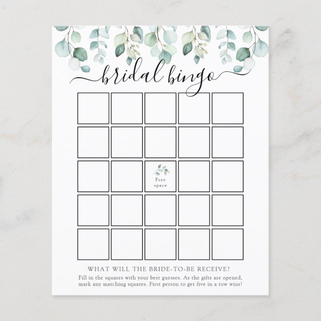Elegant Modern Eucalyptus Bridal Bingo Game Card (Front)