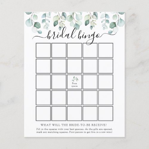 Elegant Modern Eucalyptus Bridal Bingo Game Card