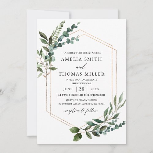 Elegant Modern Eucalyptus Greenery Gold Wedding Invitation
