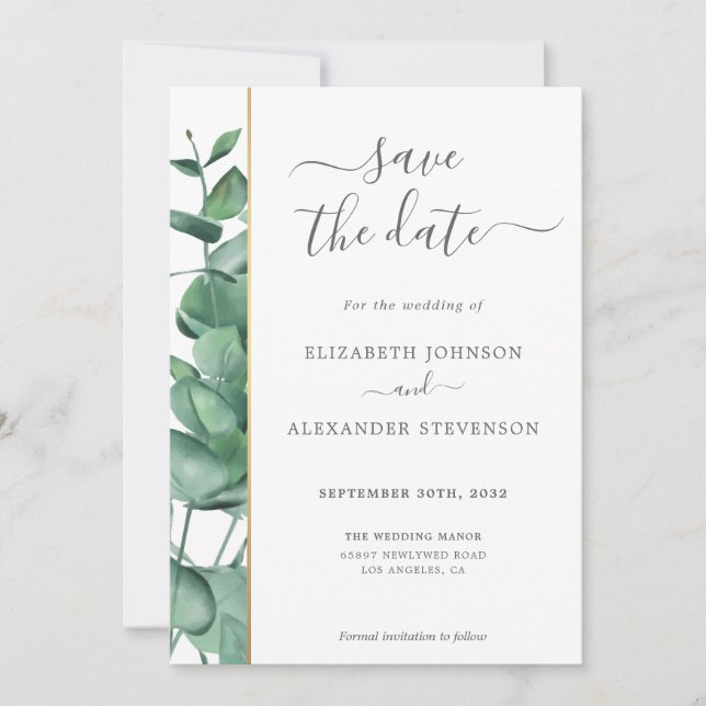 Elegant modern eucalyptus greenery simple wedding save the date (Front)