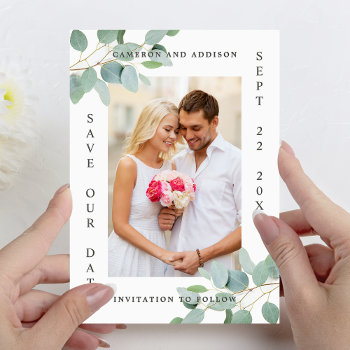 Elegant Modern Eucalyptus Save Our Date Photo Card by girlygirlgraphics at Zazzle