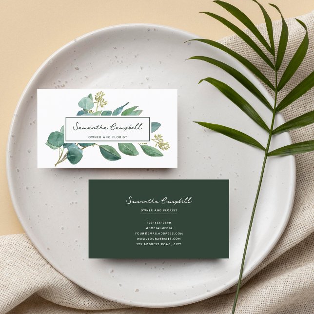 Elegant Modern Eucalyptus  & Script Emerald Green Business Card (Creator Uploaded)