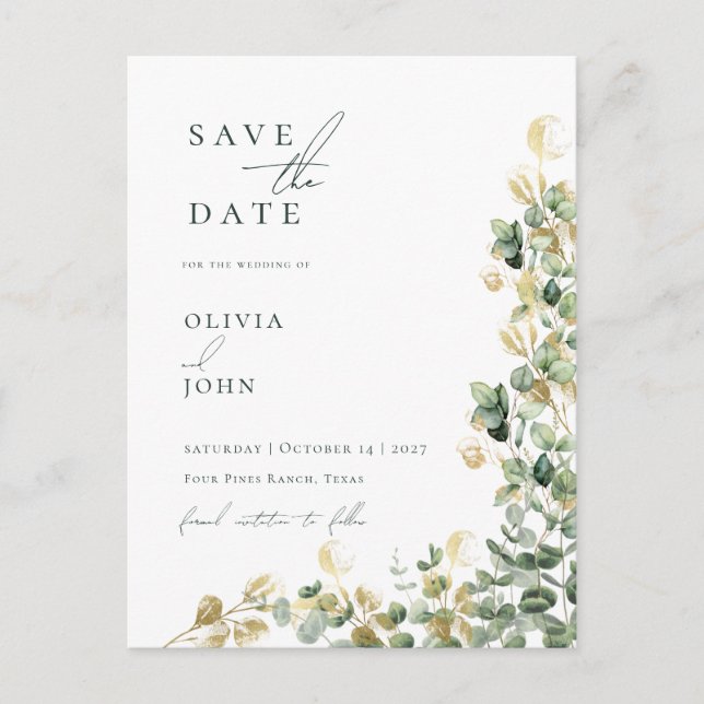 Elegant Modern Eucalyptus Wedding Save the Date Announcement Postcard (Front)