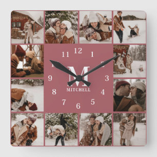 Elegant Modern Family 12 Photo Collage Monogram Square Wall Clock
