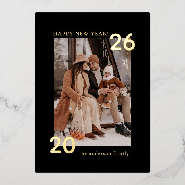 Elegant Modern Family Happy New Year 1 Photo Foil Holiday Card (Front)