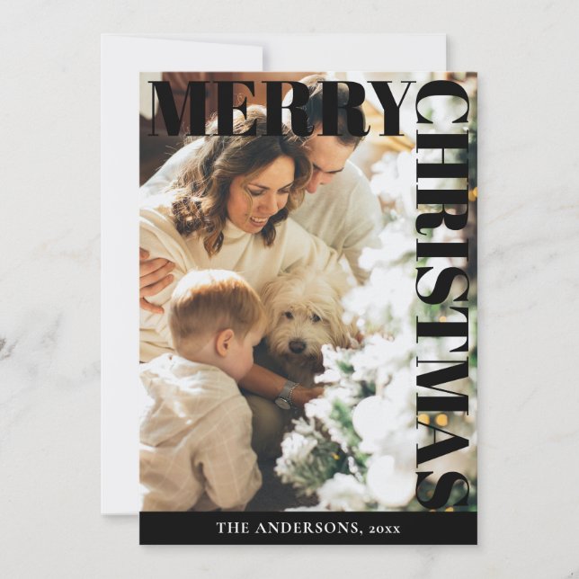 Elegant Modern Family Photo Black Merry Christmas  Holiday Card (Front)
