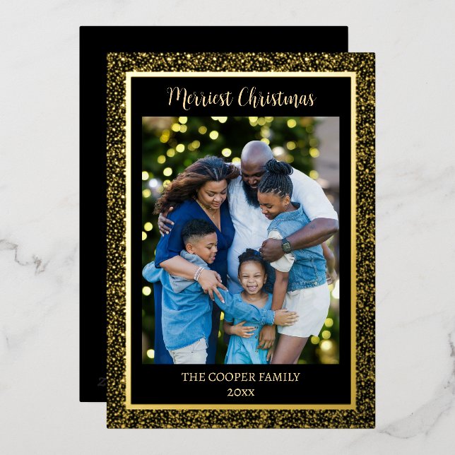 Elegant Modern Family Photo Christmas Black & Gold Foil Holiday Card (Front/Back)
