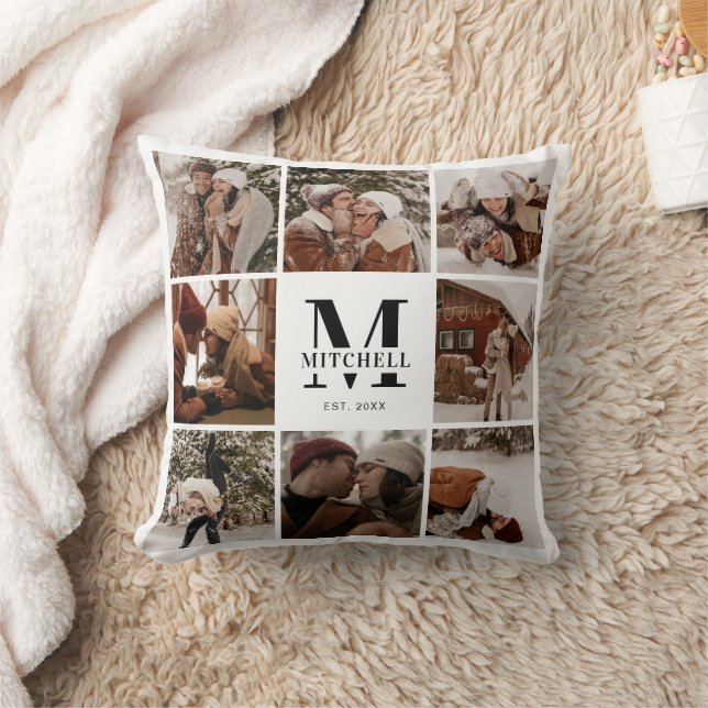 Elegant Modern Family Photo Collage | Monogram Throw Pillow (Blanket)