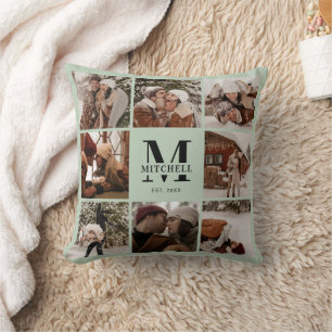 Elegant Modern Family Photo Collage   Sage Green Throw Pillow