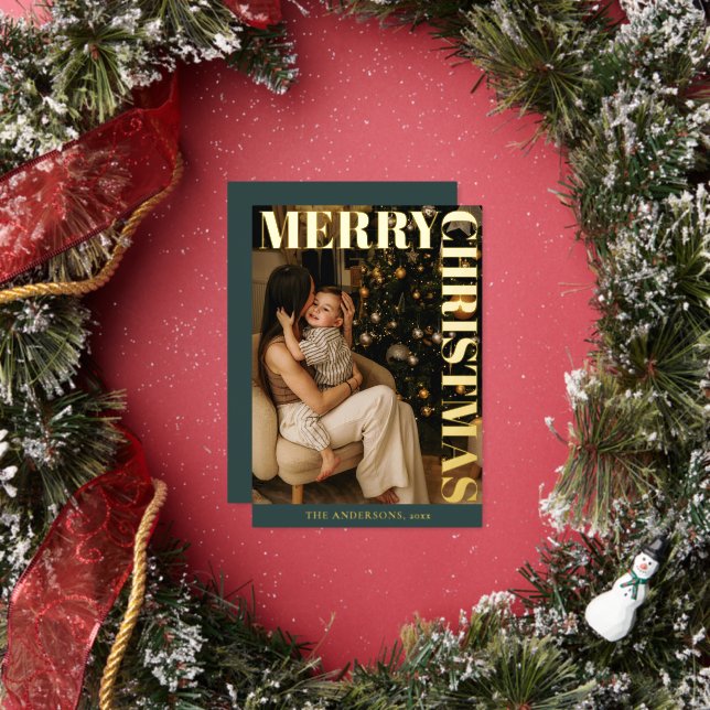 Elegant Modern Family Photo Green Merry Christmas Foil Holiday Card (Insitu)