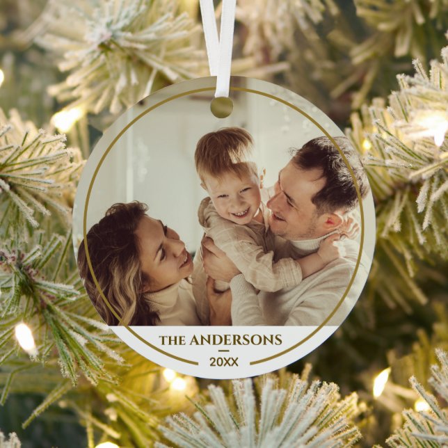 Elegant Modern Family Photo & Name Christmas Metal Ornament (Insitu)