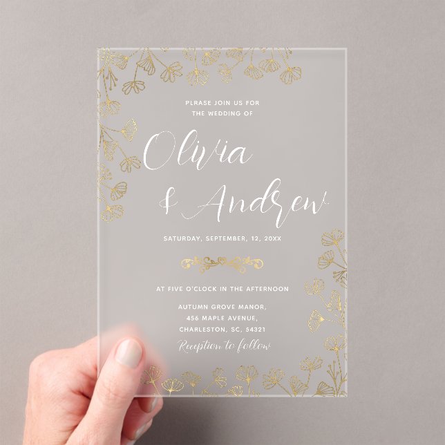 Elegant Modern Faux Gold and White floral Wedding Acrylic Invitations (Insitu (Handheld))