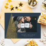 Elegant modern faux gold Christmas tree one photo Holiday Card<br><div class="desc">With a modern tree of faux gold flurries on a chic navy blue background,  this one-photo card is the perfect way to send holiday greetings. The message is customizable,  as is the background color. Great for families,  couples or anyone with sophisticated taste.</div>