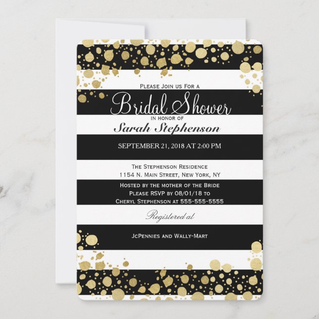 Elegant Modern Faux Gold Splatters and Stripes Invitation (Front)