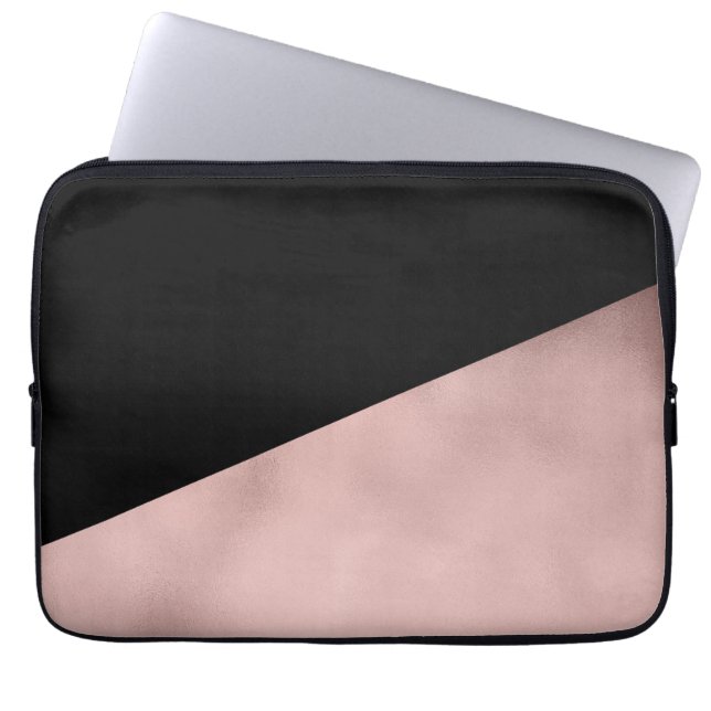 elegant modern faux rose gold black geometric laptop sleeve (Front)