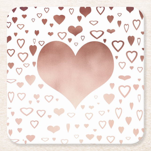 elegant modern faux rose gold hearts pattern square paper coaster (Front)