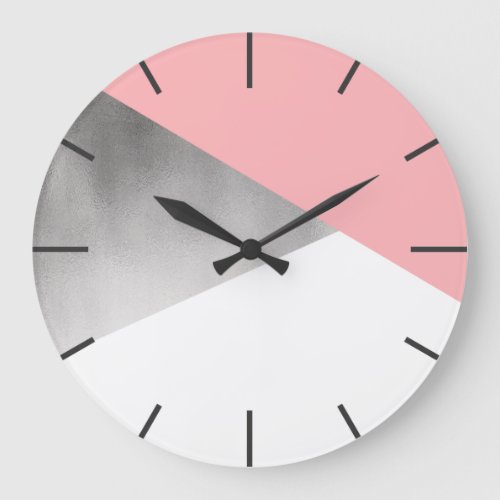 elegant modern faux silver blush pink geometric large clock