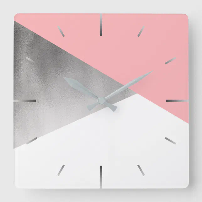 Pink Clock Square elegant modern faux silver blush pink geometric square wall clock | Zazzle