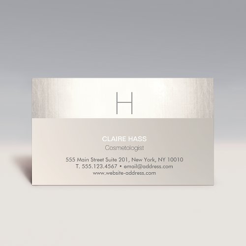 Elegant Modern Faux Silver Foil and Taupe Monogram Business Card