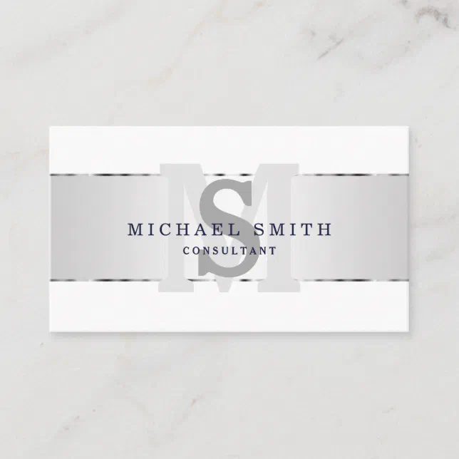 Elegant Modern FAUX Silver Striped Monogram White Business Card | Zazzle