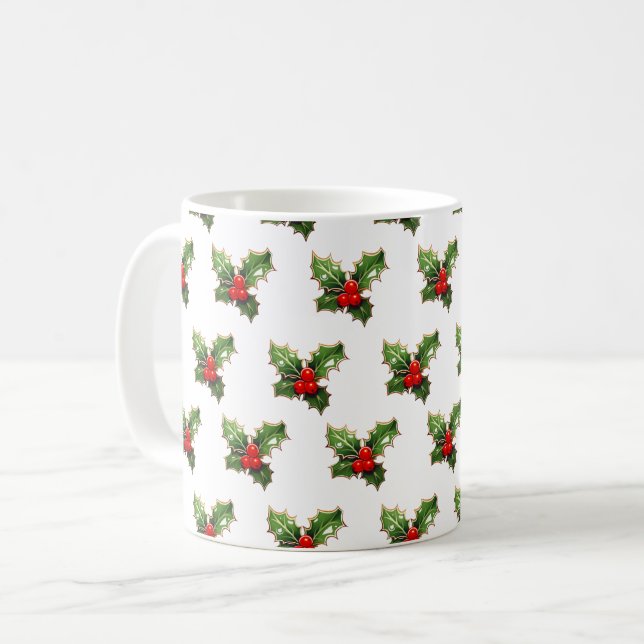 Elegant Modern Festive Holly Christmas Pattern Coffee Mug (Front Left)