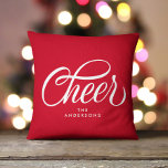 Elegant Modern Festive Red Script Cheer Christmas Throw Pillow<br><div class="desc">This elegant yet modern holiday throw pillow features a modern calligraphy script greeting that says "Cheer" and modern typography over a festive red background. Both sides of the pillow are identical. All colors of this design are customizable,  just click "edit using design tool".</div>