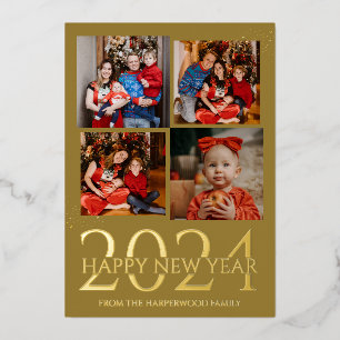 Elegant Modern Firework Happy New Year Four Photo Foil Holiday Card