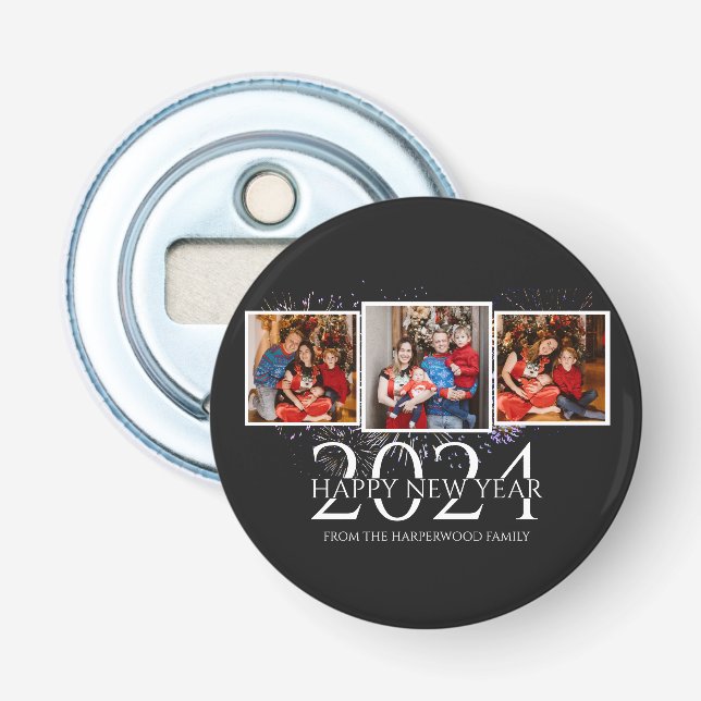 Elegant Modern Firework Happy New Year Three Photo Bottle Opener (Front)