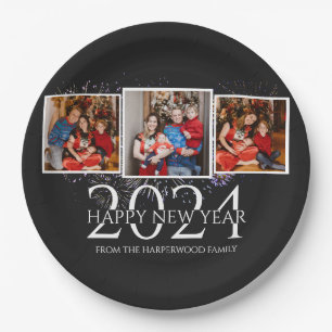 Elegant Modern Firework Happy New Year Three Photo Paper Plates