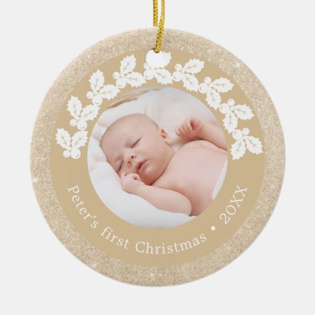 Elegant modern first Christmas baby photo custom Ceramic Ornament (Front)