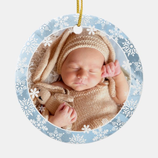 Elegant modern first Christmas baby photo custom Ceramic Ornament (Front)
