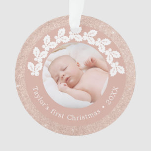 Elegant modern first Christmas baby photo custom Ornament