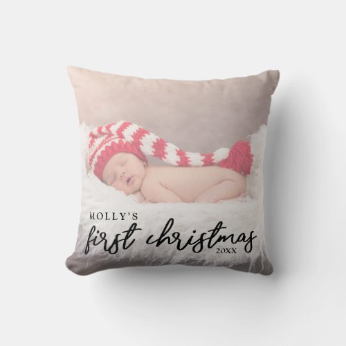 Elegant modern first Christmas baby photo Throw Pillow