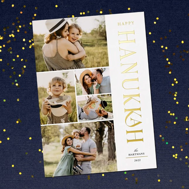 Elegant Modern Five Photo Collage Hanukkah Foil Holiday Card (Creator Uploaded)