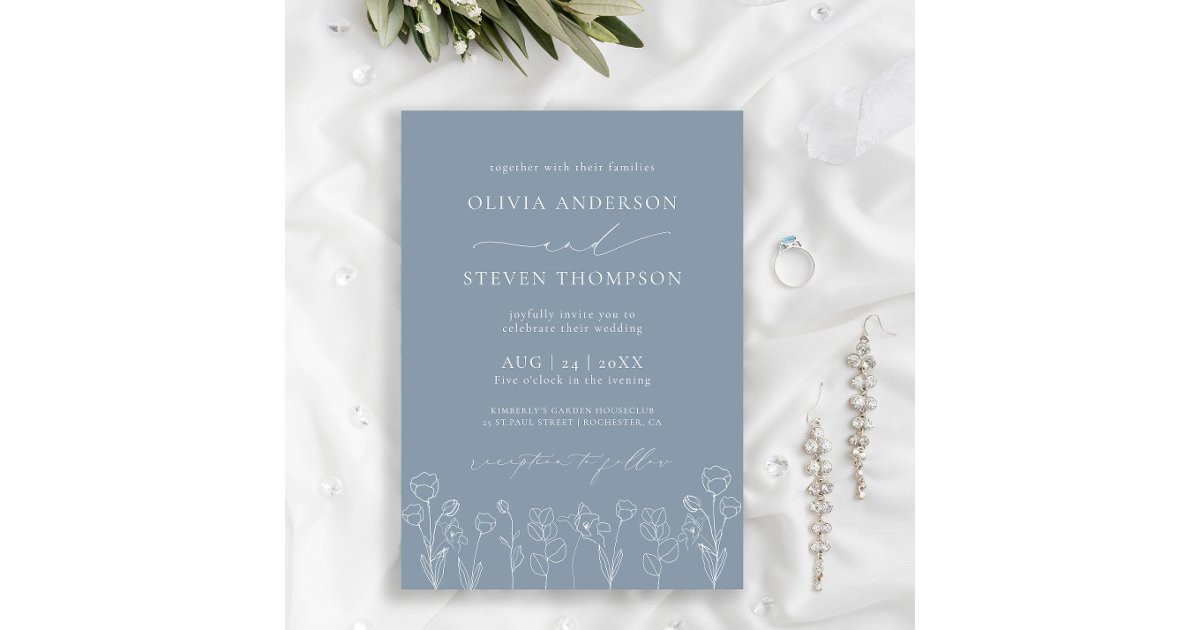 Elegant Modern Flora Dusty Blue Wedding Invitation | Zazzle
