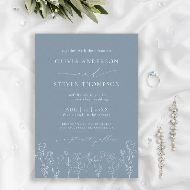 Elegant Modern Flora Dusty Blue Wedding Invitation | Zazzle