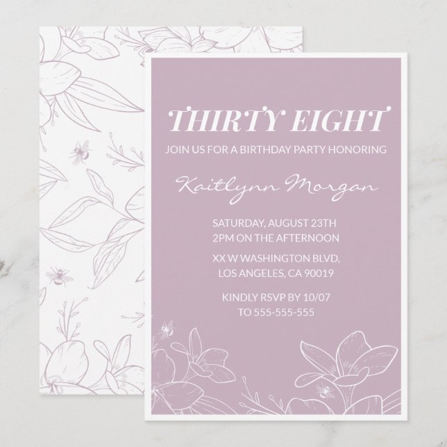 Elegant Modern Floral 38th birthday invitations (Front/Back)