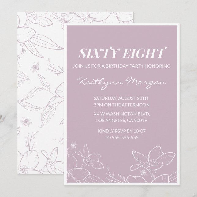 Elegant Modern Floral 68th birthday invitations (Front/Back)