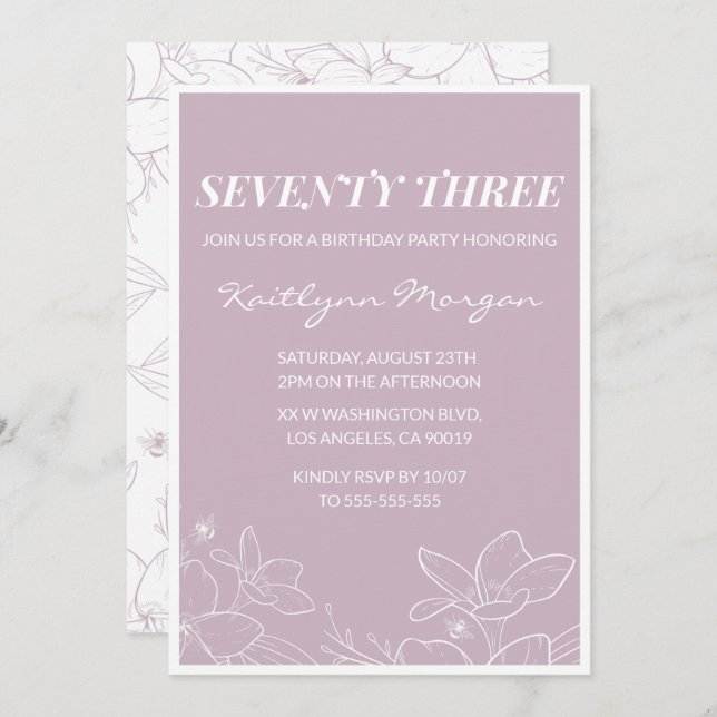 Elegant Modern Floral 73rd birthday invitations (Front/Back)