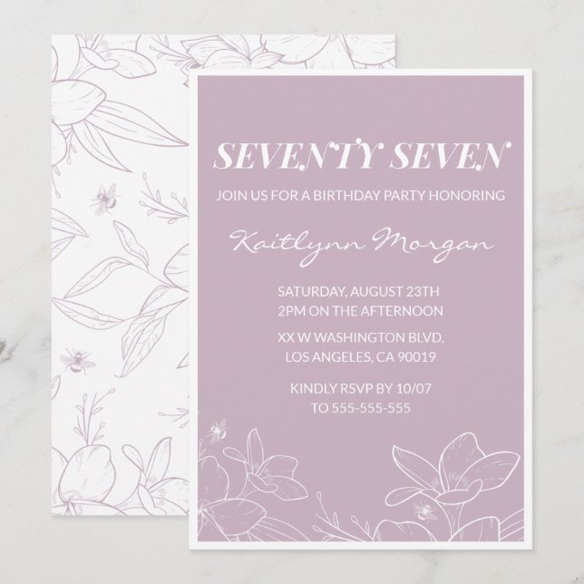 Elegant Modern Floral 77th birthday invitations (Front/Back)