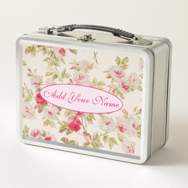 Elegant Modern Floral Add Your Text Metal Lunch Box (Front)