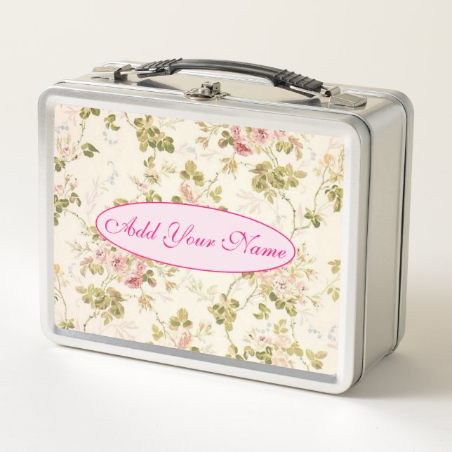 Elegant Modern Floral Add Your Text Metal Lunch Box (Front)