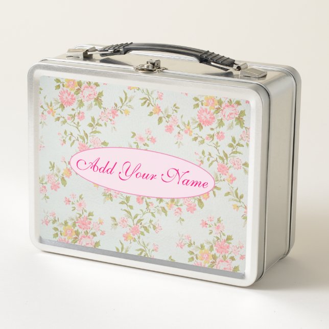 Elegant Modern Floral Add Your Text Metal Lunch Box (Front)