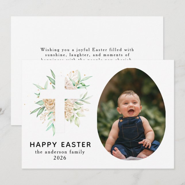 Elegant Modern Floral and Cross Happy Easter Photo Holiday Card (Front/Back)